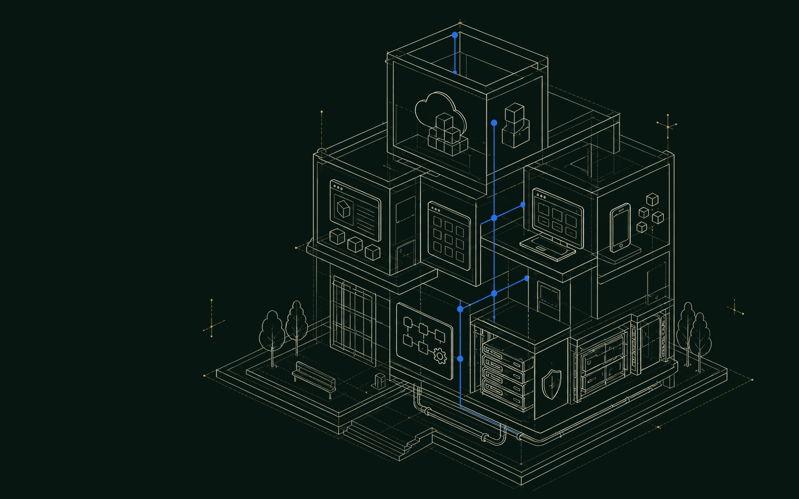 The Propulsive systems stack, drawn as an isometric building: an ERP volume at the top, then custom applications and web platforms, then mobile applications and integration and APIs, standing on a data and security ground floor — one connected system.