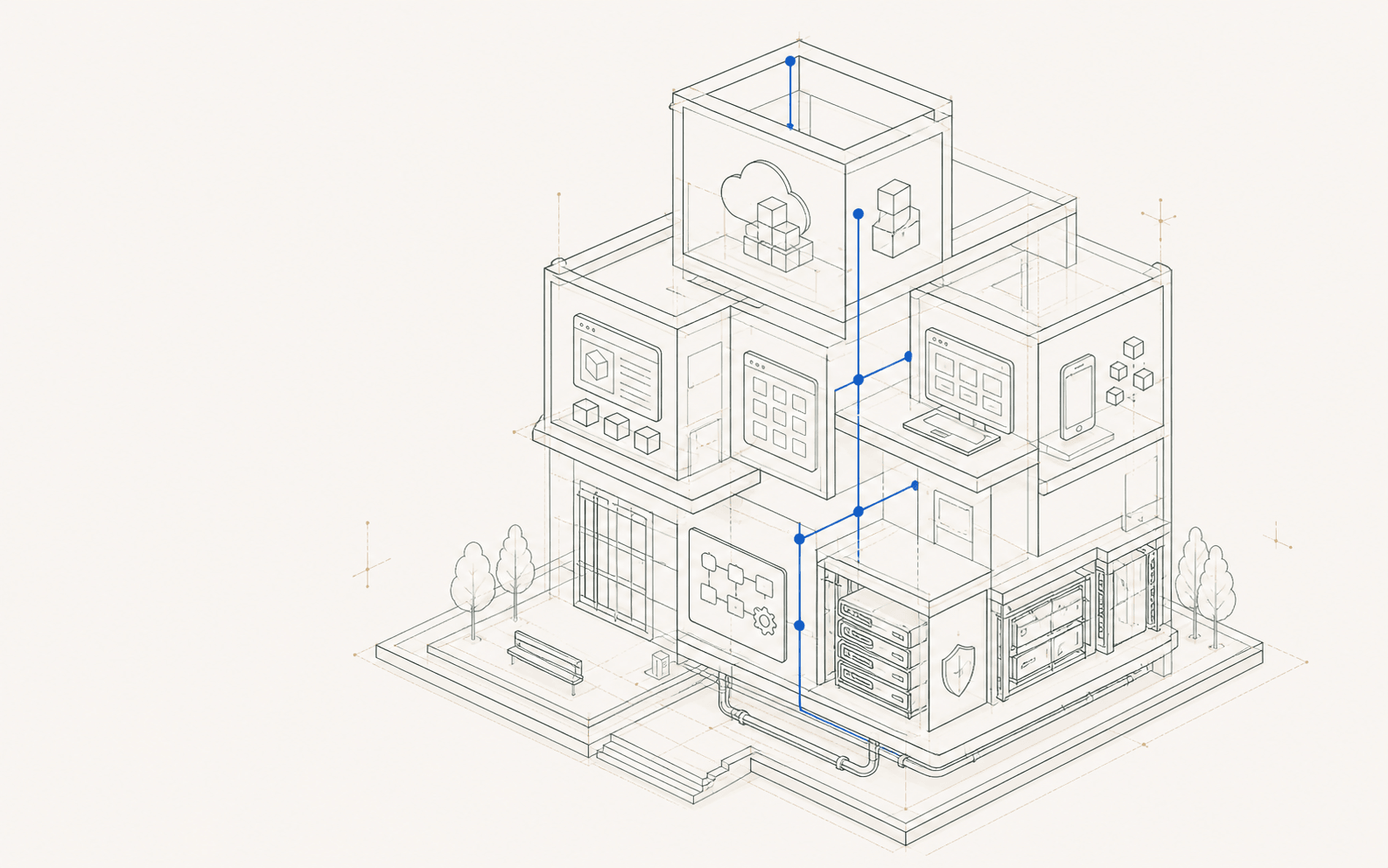 The Propulsive systems stack, drawn as an isometric building: an ERP volume at the top, then custom applications and web platforms, then mobile applications and integration and APIs, standing on a data and security ground floor — one connected system.